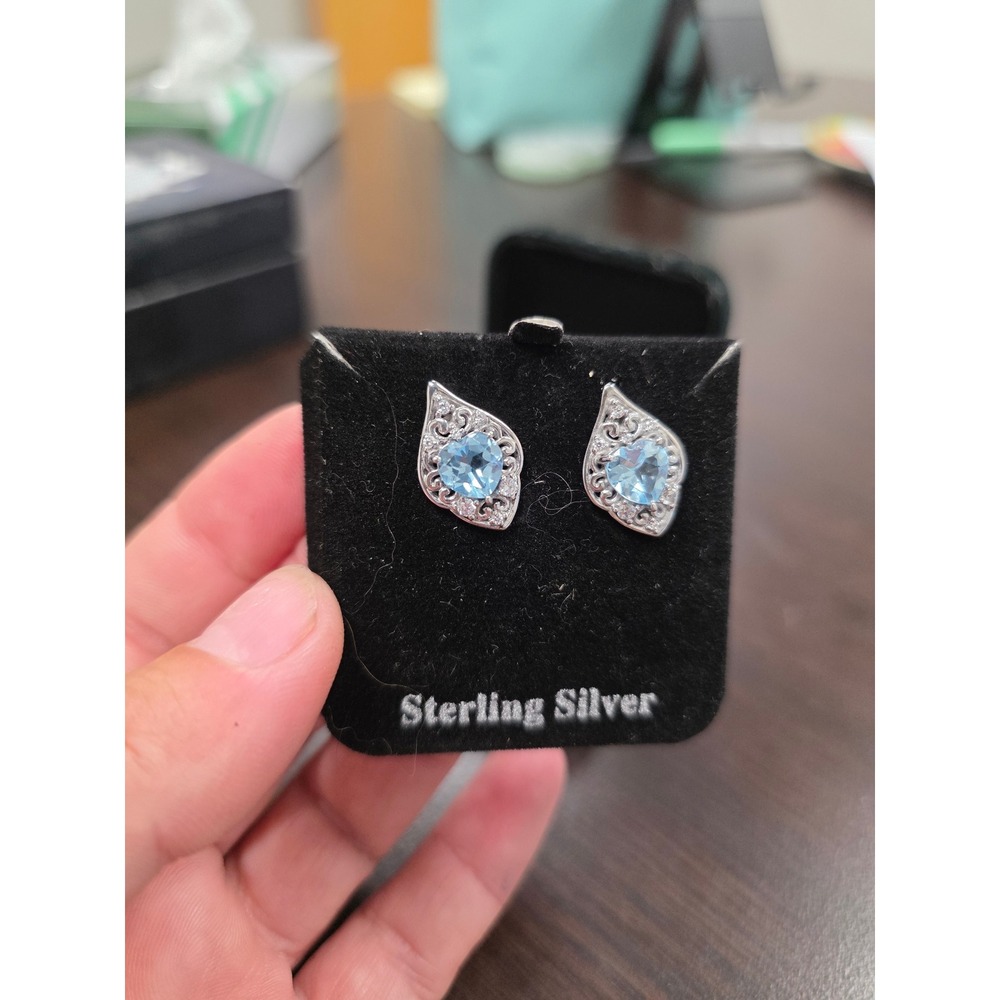 Sterling Silver Blue Topaz Heart Filigree Marquise Stud Earrings Vintage Style - Picture 15 of 16